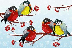 Cartoon birds Tits and Bullfinches on branch Rowan tree under the snowfall. For Christmas decoration, posters, banners and winter sales. Vector illustration Winter season