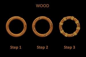 Set of wooden round frame app, 3 steps to progress. Wooden frames to draw improvements. vector