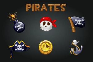 Set of pirate icons and symbols on a gray background. Bomb, anchor, skull, flag signs and wooden logo. vector