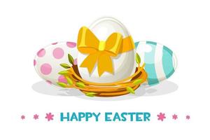 Painted eggs for happy easter in the nest. Set of colorful striped chicken eggs with a bow. vector