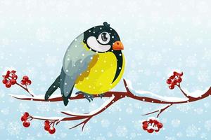 Cartoon bird Tit on branch Rowan tree under the snowfall. For Christmas decoration, posters, banners and winter sales. Vector illustration Winter season. Other object on separate layers