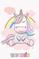 Cute unicorn with rainbow hair on a rainbow background. Unicorn on a cloud in pastel colors. vector