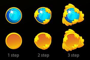 Step by step improvements to the gold template and gem. Set of blue shiny round diamonds or jewel. vector