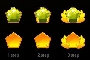 Set of step by step improvement of precious green stones. Gems and golden isolated template for the game. vector