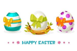 Easter eggs with different patterns in the nest. Colorful chicken eggs with a bow for happy easter. vector