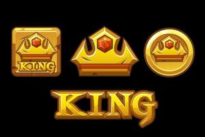 rey de los logotipos dorados. iconos de la corona en el cuadrado dorado y la moneda. rey del logotipo de texto, objetos en capas separadas vector