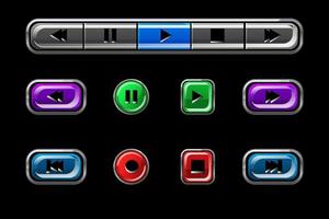 Set of glossy buttons for media player. Multi-colored buttons of different shapes with signs. vector