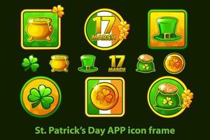 Set of app icons in a frame for St. Patricks Day on a green background. Symbols of holiday clover, flag of Ireland, hat, coins, shamrock. vector