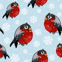 Bullfinch birds seamless pattern with snowfall. Merry Christmas collection background. Winter texture. Vector illustration. Bullfinches and snow on separate layers.