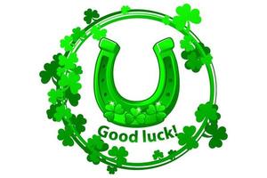 Green horseshoe and clover leaves for St. Patricks Day. The inscription uci on a white background in shamrocks. vector