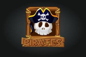 Pirate skull icon in the frame for the game. Scary skull in a hat on a gray background in a wooden frame. vector