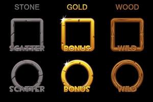 Set app frame icons for game slots on a black background. Square and round gold, wooden stone frames. vector