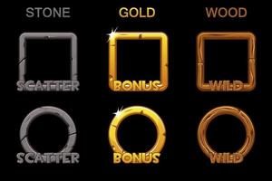 Set app frame icons for game slots on a black background. Square and round gold, wooden stone frames. vector