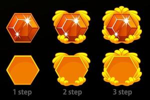 Set of step by step improvement of the gem icon and goldem template frame for the game. Bright red diamonds isolated. vector