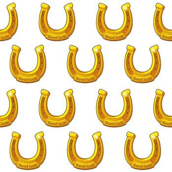 Seamless pattern of golden horseshoes in a row on a white background. Background with the symbol of the day of patrick the horseshoe with the inscription good luck. vector