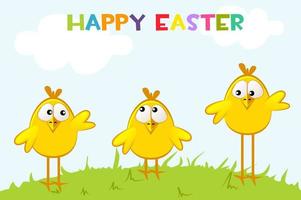 Funny yellow chickens in the shape of an egg on the lawn. Happy easter. Vector illustration
