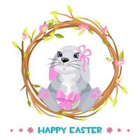 Rabbit in a wreath for happy easter with egg. Cute bunny in a flower in a wreath. Happy Easter logo. vector