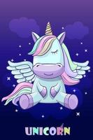 Unicorn on a background of the night sky. Rainbow hair. Cute fantasy animal, cartoon character unicorn with wings. vector