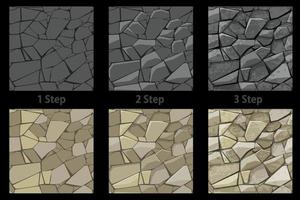Set of seamless texture stone step by step drawing. Seamless pattern of improvement and progress. vector