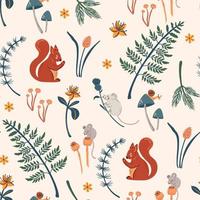 Forest seamless pattern with field mice, squirrel and floral elements. Woodland nature background vector