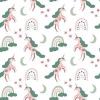 Seamless pattern with unicorns and rainbows on white in boho style. Magical kids background for wrapping paper, printing on the fabric. Vector illustration.