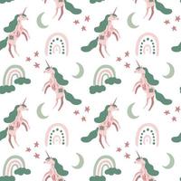 Seamless pattern with unicorns and rainbows on white in boho style. Magical kids background for wrapping paper, printing on the fabric. Vector illustration.