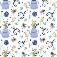 Seamless pattern with garden tools flowers and bee vector