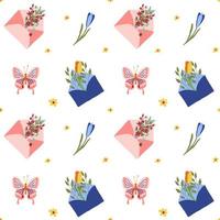 Seamless vector pattern with flowers butterfly envelopes. Love letters blue and pink. Spring vibes