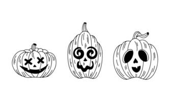 Vector set of Scaring Halloween line art Pumpkins. Cartoon pumpkins Illustration isolated on white