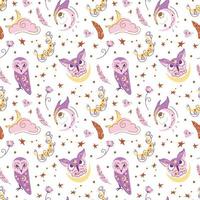 Cute owls seamless pattern. Mystic soft purple owls backdrop. Sleeping animals background vector