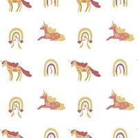 Seamless pattern with unicorns and rainbows on white in boho style. Magical kids background for wrapping paper, printing on the fabric. Vector illustration.