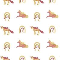 Seamless pattern with unicorns and rainbows on white in boho style. Magical kids background for wrapping paper, printing on the fabric. Vector illustration.