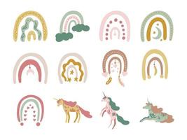 Unicorns rainbows elements collection, isolated vector objects, flat design in boho style