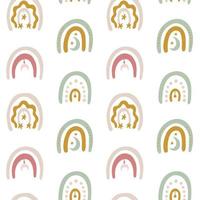 Seamless pattern with rainbows on white in boho style. Magical kids background for wrapping paper, printing on the fabric. Vector illustration.