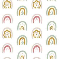 Seamless pattern with rainbows on white in boho style. Magical kids background for wrapping paper, printing on the fabric. Vector illustration.