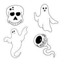 Halloween vector set with ghosts, skull and eye line art illustration