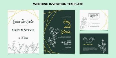 plantilla de invitación de boda mínima con arte de línea de marco floral hoja y flor dibujadas a mano vector