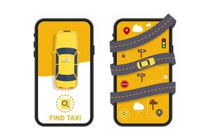 Mobile app taxi service. Smartphone with yellow car and road on the screen. Vector mockup in flat design