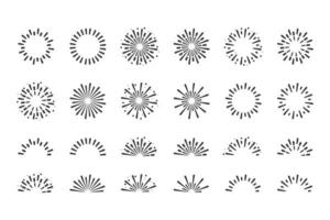 iconos de conjunto de rayos de sol. fuegos artificiales, explosión, puesta de sol, chispas, luz estelar. ilustración vectorial de la vendimia vector