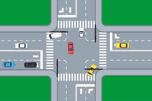 Crossroads with cars, top view. Vector illustration in flat design