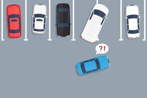 Bad parking, angry driver car cannot parking. Vector top view