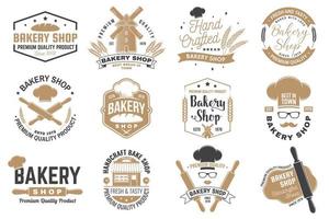 Set of Bakery shop badge. Vector Concept for badge, shirt, label, print, stamp, tee. Design with windmill, rolling pin, dough, wheat ears silhouette. For restaurant identity objects, packaging, menu