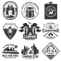 Set of outdoor adventure quotes symbol. Concept for shirt or logo, print, stamp or tee. Vintage design with backpack, binoculars, mountains, bear, deer, tent, lantern and forest silhouette