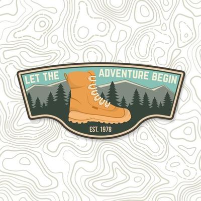 Let the adventure begin. Sammer camp badge. For patch, stamp. Vector. Concept for shirt or logo, print, stamp or tee. Design with hiking boots, mountains, sky and forest silhouette.