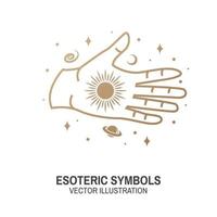 Esoteric symbols. Vector. Thin line geometric badge. Outline icon for alchemy or sacred geometry. Mystic and magic design with hand, stars, planets and moon. vector
