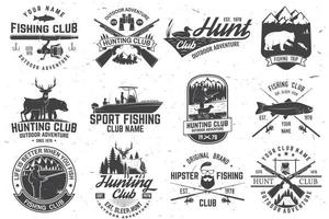 Set of hunting club and fishing club badges. Vector. Concept for shirt, stamp, tee. Design with hunting gun, bear, turkey , deer, camping tent, fish rod, bear. Outdoor adventure club emblem