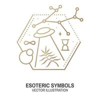 Esoteric symbols. Vector. Thin line geometric badge. Outline icon for alchemy or sacred geometry. Mystic and magic design with alchemy symbols and ufo flying. vector