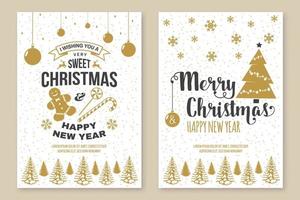 Set of Merry Christmas and 2020 Happy New Year poster, greeting cards. Set quotes with snowflakes, candy, sweet candy, cookies, gift, ball. Vector. Vintage design for xmas, new year emblem vector