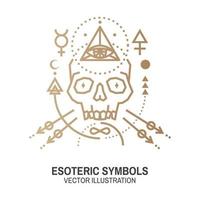 Esoteric symbols. Vector. Thin line geometric badge. Outline icon for alchemy or sacred geometry. Mystic and magic design with skull and alchemy symbols. vector