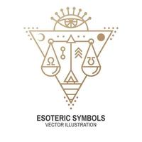 Esoteric symbols. Vector. Thin line geometric badge. Outline icon for alchemy or sacred geometry. Mystic and magic design with all-seeing eye and law scale. vector